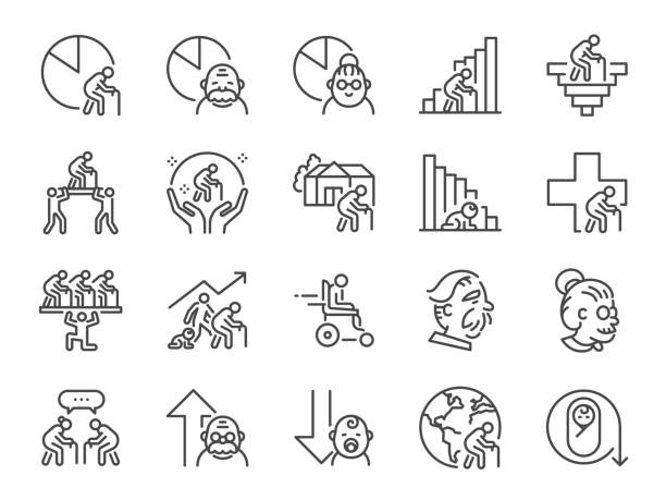 Aging society line icon set. Included the icons as senior citizen, old people, population, Birth rate, and more. Aging society line icon set. Included the icons as senior citizen, old people, population, Birth rate, and more. aging process stock illustrations