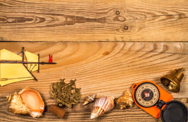 istock Composition on a marine theme on the background of wood. 1366717408