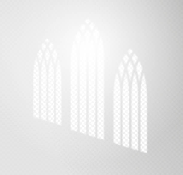 Transparent overlay shadow from the church gothic window. Natural light effect from frame on wall or floor. Mockup design. Vector illustration Transparent overlay shadow from the church gothic window. Natural light effect from frame on wall or floor. Mockup design. Vector illustration. church borders stock illustrations