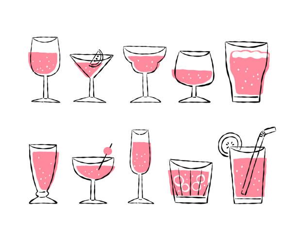 verschiedene getränkegläser mit rosa getränk - cocktail stock-grafiken, -clipart, -cartoons und -symbole