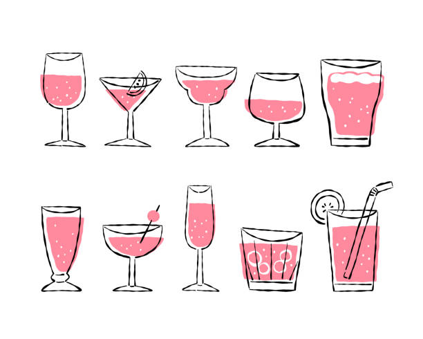 illustrazioni stock, clip art, cartoni animati e icone di tendenza di vari bicchieri da bere con bevanda rosa - wine glass champagne cocktail