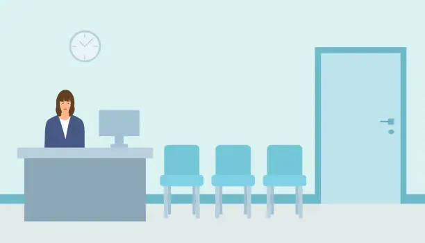 Vector illustration of Waiting Room With Empty Seats In The Hospital Or In The Office And Reception Desk. Woman Receptionist Standing At Reception Desk.