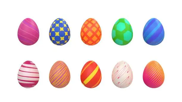 Photo of 10 color Easter Eggs with different patterns.