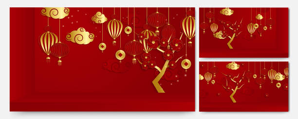 istock Red and gold papercut chinese background template. Chinese china universal red and gold background with lantern, flower, tree, symbol, and pattern. 1366722698