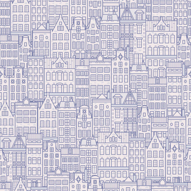 Old european city. Holland houses facades in traditional Dutch style. The Decorative Architecture of Amsterdam. Seamless pattern. Background Old european city. Holland houses facades in traditional Dutch style. The Decorative Architecture of Amsterdam. Seamless pattern. Background. dutch architecture stock illustrations