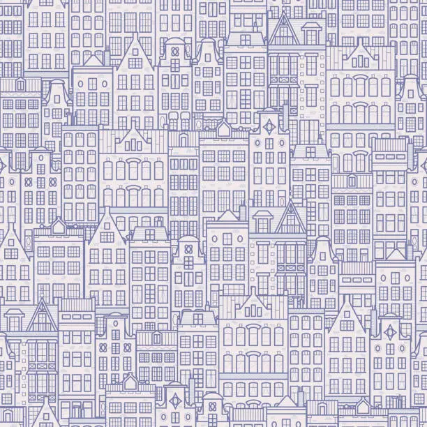 Vector illustration of Old european city. Holland houses facades in traditional Dutch style. The Decorative Architecture of Amsterdam. Seamless pattern. Background