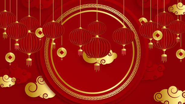 istock Red and gold papercut chinese background template. Chinese china universal red and gold background with lantern, flower, tree, symbol, and pattern. 1366723636
