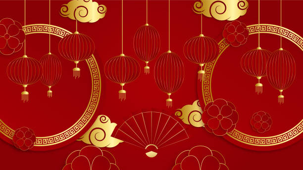istock Red and gold papercut chinese background template. Chinese china universal red and gold background with lantern, flower, tree, symbol, and pattern. 1366723828