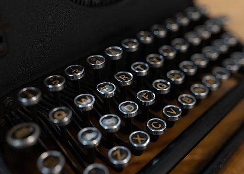 Close-up image of an old typewriter on display at a store