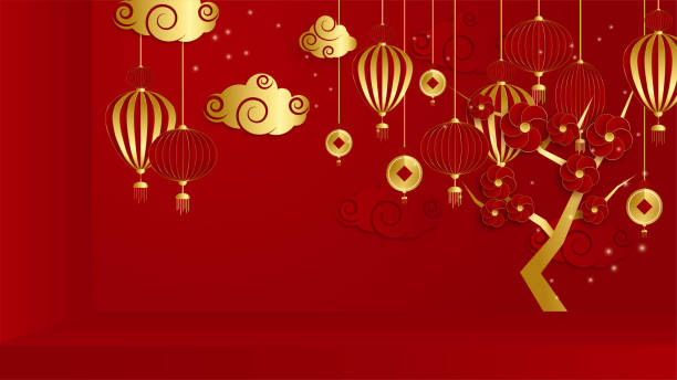 istock Red and gold papercut chinese background template. Chinese china universal red and gold background with lantern, flower, tree, symbol, and pattern. 1366724792
