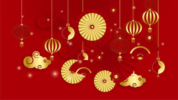 istock Red and gold papercut chinese background template. Chinese china universal red and gold background with lantern, flower, tree, symbol, and pattern. 1366724855