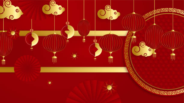 istock Red and gold papercut chinese background template. Chinese china universal red and gold background with lantern, flower, tree, symbol, and pattern. 1366726246