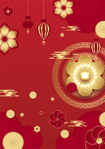 istock Chinese china universal red and gold background with lantern, flower, tree, symbol, and pattern. Red and gold papercut chinese background template 1366727619