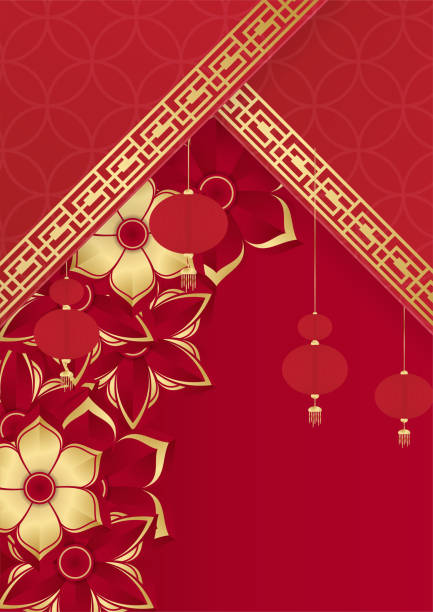 istock Chinese china universal red and gold background with lantern, flower, tree, symbol, and pattern. Red and gold papercut chinese background template 1366728441