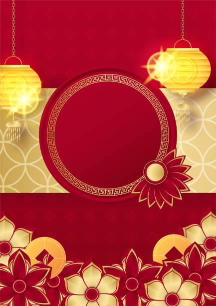 istock Chinese china universal red and gold background with lantern, flower, tree, symbol, and pattern. Red and gold papercut chinese background template 1366728491