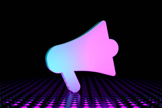 Backlit neon color Megaphone symbol. 3D Design connection concept.