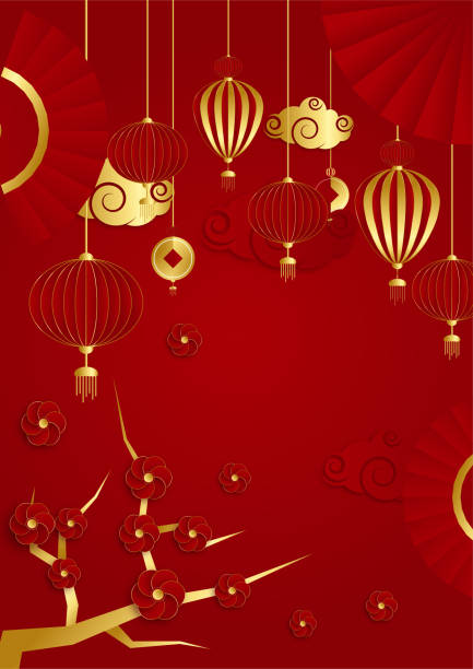 istock Red and gold papercut chinese background template. Chinese china universal red and gold background with lantern, flower, tree, symbol, and pattern. 1366728675