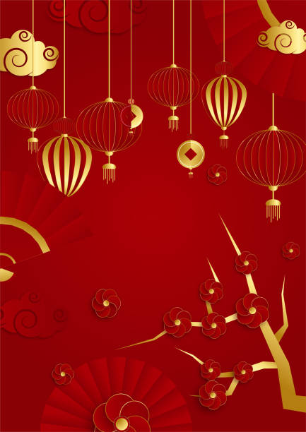 istock Red and gold papercut chinese background template. Chinese china universal red and gold background with lantern, flower, tree, symbol, and pattern. 1366729272