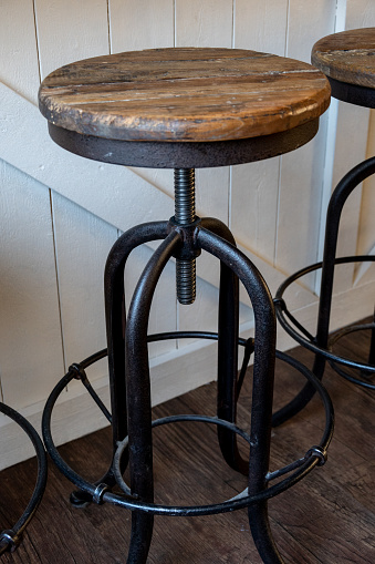 Rustic bar stool against white wall