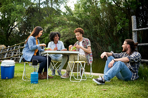 Full length view of Hispanic, Black, and African-American friends talking and eating while sitting together in woodland area.