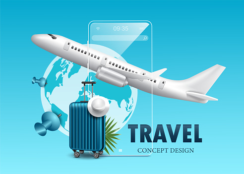 The white cap on the suitcase and the back is a clear glass smartphone and planes are flying in midair and positioning pins are attached to various places in the world for travel concept,vector 3d