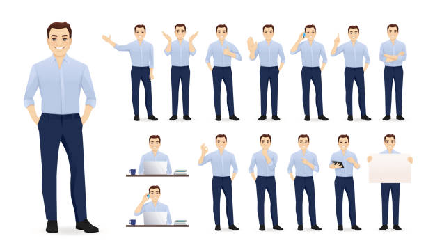 Business young man set Handsome business young man in blue shirt. Different poses set. Various gestures male character standing and sitting at the desk isolated vector illustration teacher clipart stock illustrations