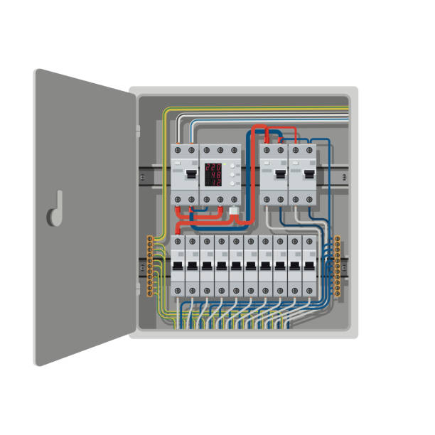Circuit breakers in the electrical control box. Electrical circuit breakers are installed in the electrical control panel. Wires are connected to residual current circuit breakers and voltage monitoring relay. power cable illustrations stock illustrations
