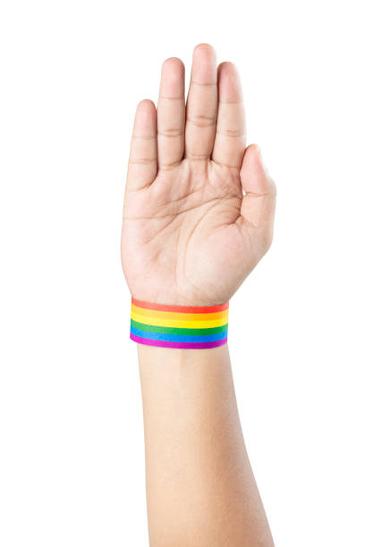 istock Human hand with LGBT rainbow flag wristband 1366736728
