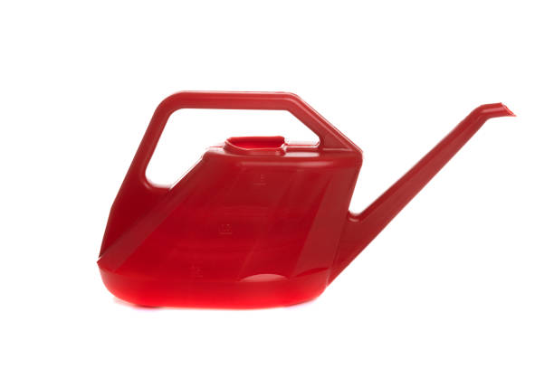 istock Red plastic garden watering can with handle on white background 1366737823