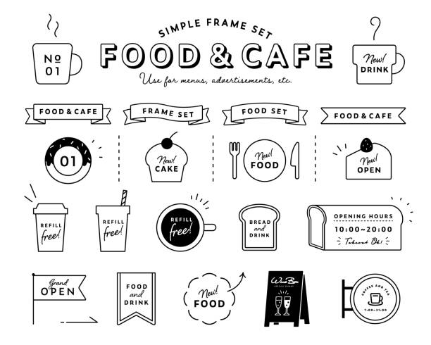 eine reihe von einfachen, flachen rahmen und dekorativen illustrationen, die für die werbung für cafés und restaurants verwendet werden können. - café kultur stock-grafiken, -clipart, -cartoons und -symbole