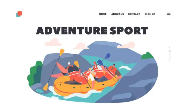 Vector illustration of Rafting Adventure Sport Landing Page Template. Sportsmen Rowing in Rubber Boat Down the Rocky Mountain River