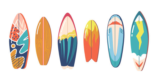 ilustraciones, imágenes clip art, dibujos animados e iconos de stock de tablas de surf de colores y estilos vintage. surfdesks con fire, sea wave, shark, flash y abstract pattern, shortboards - hawaiian culture flash
