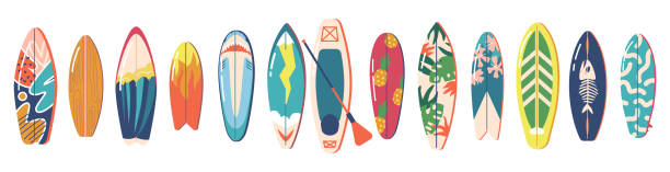 illustrazioni stock, clip art, cartoni animati e icone di tendenza di set di tavole da surf con diversi disegni di modelli luminosi e insoliti. varie scrivanie da surf, collezione tavole da surf - tropical climate polynesia flower pacific islands