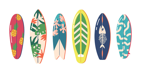 Surfboards Collection of Vintage Colors and Styles. Surfdesks Pattern of Palm Leaves, Flowers, Fish Bones and Pineapples Isolated on White Background, Professional Boards. Cartoon Vector Illustration
