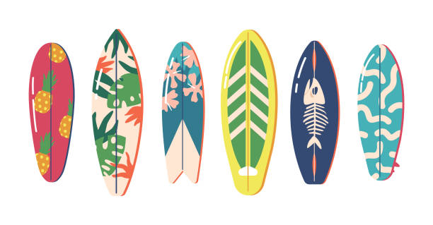 Surfboards Collection of Vintage Colors and Styles. Surfdesks Pattern of Palm Leaves, Flowers, Fish Bones and Pineapples Surfboards Collection of Vintage Colors and Styles. Surfdesks Pattern of Palm Leaves, Flowers, Fish Bones and Pineapples Isolated on White Background, Professional Boards. Cartoon Vector Illustration surfboard stock illustrations
