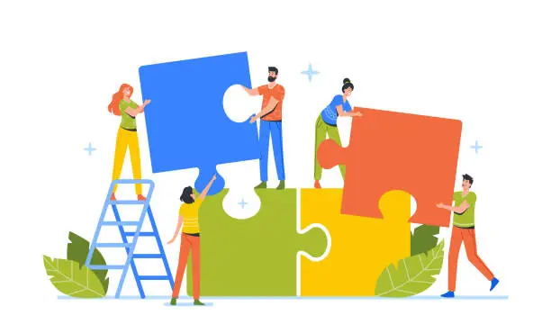 Vector illustration of Businesspeople Teamwork, Office Employees Group Stand on Ladder Set Up Huge Colorful Separated Puzzle Pieces Together