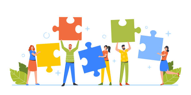 pebisnis, kerja sama kerja sama kerja sama tim, kerja kolektif, konsep kemitraan. orang kantor menyiapkan teka-teki - menangkap peristiwa ilustrasi stok