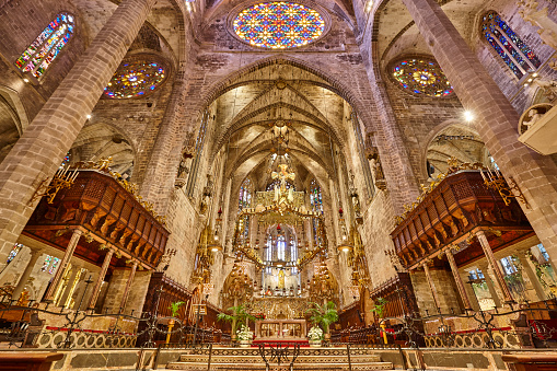 Palma de Mallorca cathedral apse and rose window. Spanish heritage