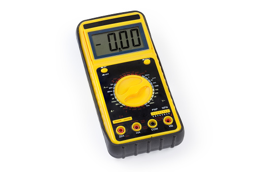 Modern portable handheld universal digital multimeter with LCD display in protective rubber cover on a white background