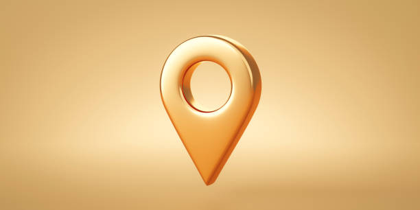 Gold location symbol navigator reminder pin navigation pointer marker icon or travel map gps mark sign and place point position button tag on golden 3d background with positioning landmark checkpoint.