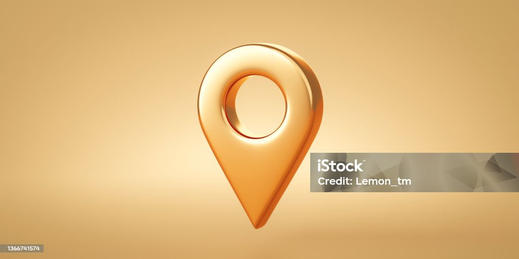 Gold location symbol navigator reminder pin navigation pointer marker icon or travel map gps mark sign and place point position button tag on golden 3d background with positioning landmark checkpoint. Map Pin Icon Stock Photo