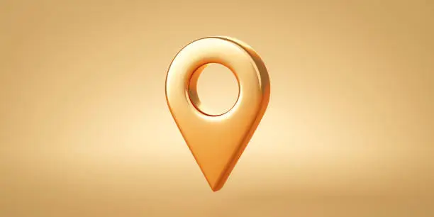 Gold location symbol navigator reminder pin navigation pointer marker icon or travel map gps mark sign and place point position button tag on golden 3d background with positioning landmark checkpoint.