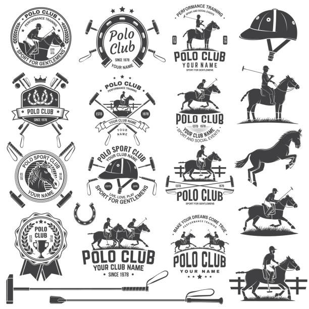 ポロクラブスポーツバッジ、パッチ、エンブレム、エンブレムのセット。ベクターの図。ライダーと馬のシルエットを持つヴィンテージモノクロラベル。スポーツに乗ってポロクラブの競争� - 障害馬術点のイラスト素材／クリップアート素材／マンガ素材／アイコン素材