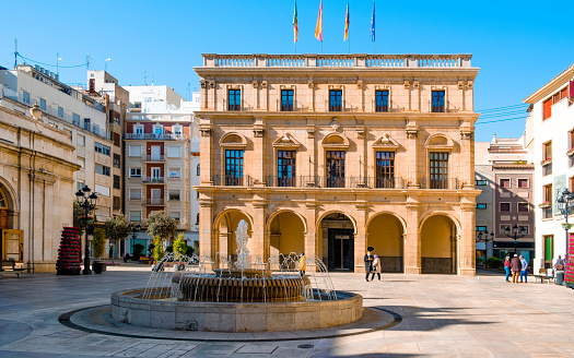 Castello, Spain - January 17, 2022: A view of the facade of the city hall of Castello de la Plana, in Spain, located in the Placa Major, the town square of the city