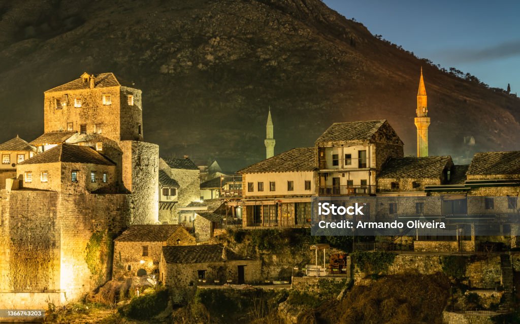 view of Mostar old town with bridge tower and mosque minarets. view of Mostar old town with bridge tower and mosque minarets"r"n Bosnia and Herzegovina Stock Photo