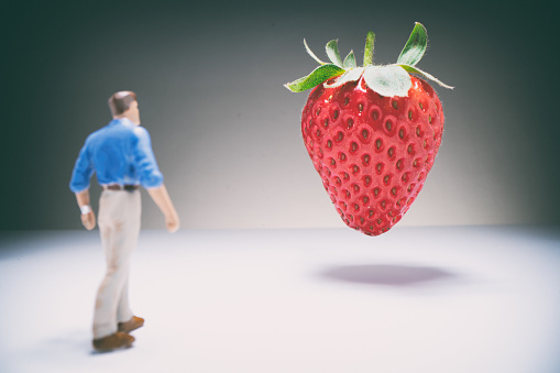 A miniature man observes a beautiful strawberry which appears to hover in front of him.