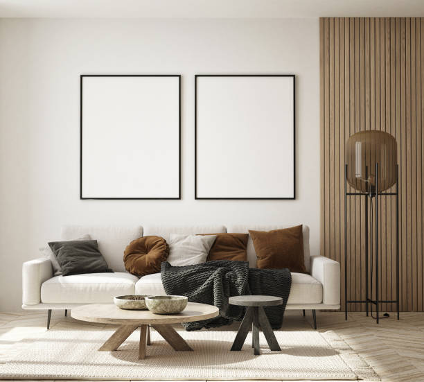 istock mock up poster frame in modern interior background, living room, Scandinavian style, 3D render, 3D illustration 1366745694