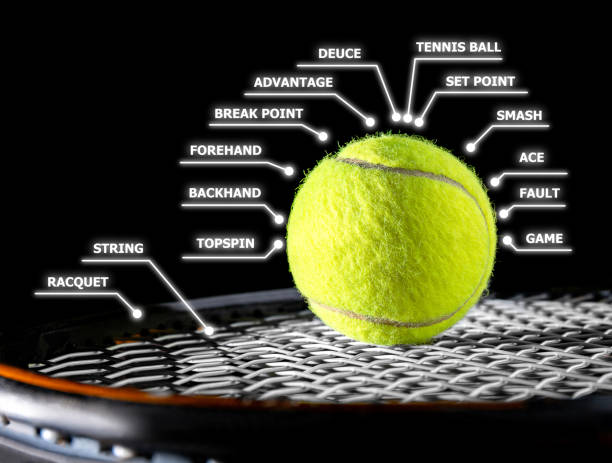 close-up de bola de tênis em corda ou rede de raquete de tênis, raquete, em fundo preto para esporte para hobby de exercício e estilo de vida com equipamento de tênis, net e competição de jogos - racket string - fotografias e filmes do acervo
