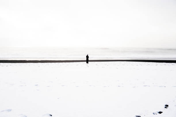 istock Person in a Black beach with snow. Reynisfjara Beach 1366746129