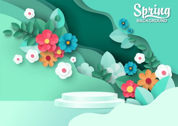 Product display podium mockup, paper cut flowers and leaves. Spring background, pedestal, stage, vector illustration. Display podium mockup, paper cut spring flowers and leaves, vector illustration. Fresh spring nature background, pedestal, stage for beauty and cosmetic product ads. papercutting illustrations stock illustrations